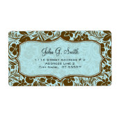 Bruin en blauw retro bloemen en bladeren patroon etiket (Voorkant)