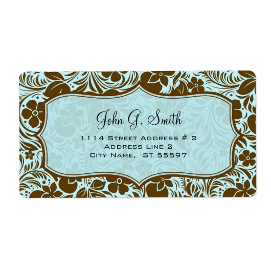 Bruin en blauw retro bloemen en bladeren patroon etiket (Voorkant)