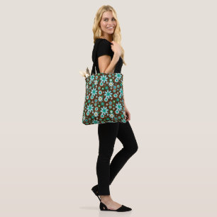Bruin en blauw-roodbloemen tote bag