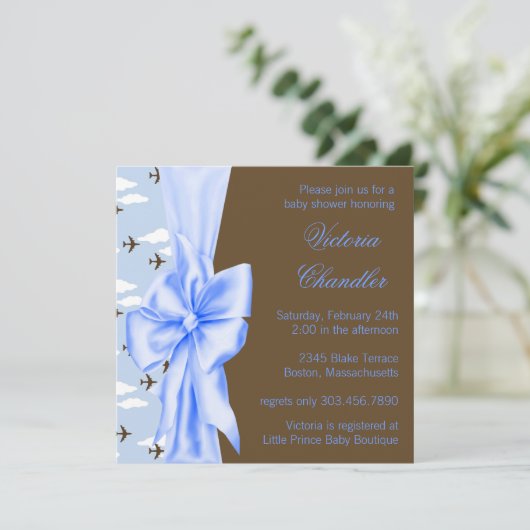 Bruin en blauw vliegtuig Baby Boy Shower Kaart (Staand voorkant)