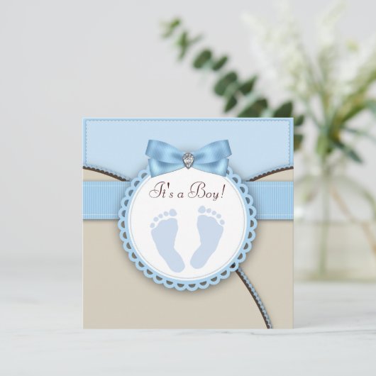 Bruin en Blauw Voetafdruk Baby shower Kaart (Staand voorkant)