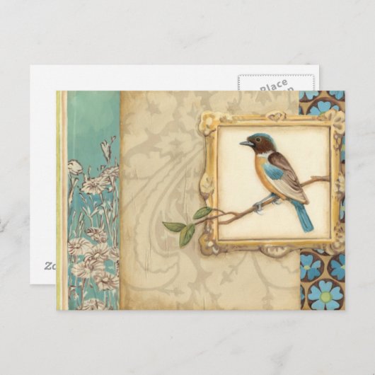 Bruin en blauw vogel op een filiaal briefkaart (Voorkant / Achterkant)