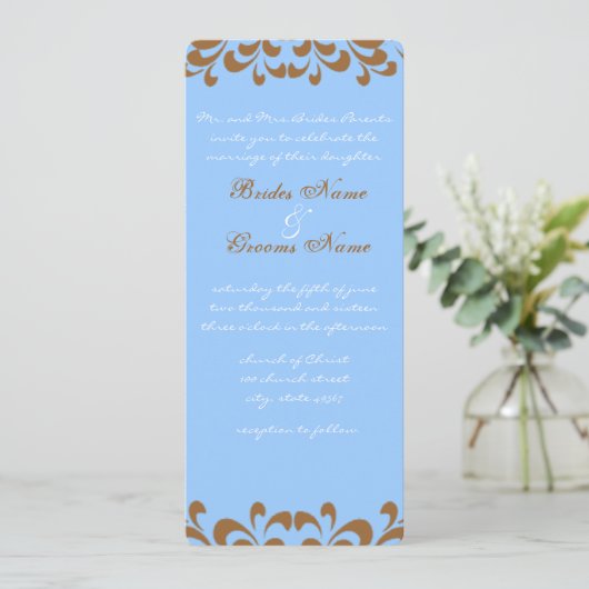 Bruin en Blauw wervelt bruiloft uitnodiging (Staand voorkant)