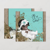 Bruin en Blauwgroen blauw etnisch Baby shower Kaart (Voorkant / Achterkant)