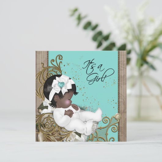 Bruin en Blauwgroen blauw etnisch Baby shower Kaart (Staand voorkant)