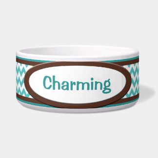 Bruin en Blauwgroen Chevron Persoonlijke Dog Bowl Voerbakje