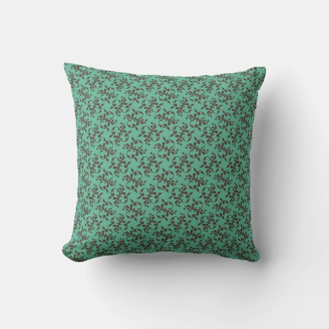 Bruin en Blauwgroen Damask Kussen (Voorkant)