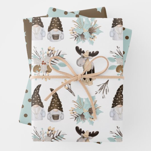 Bruin en Blauwgroen gnome | Kerstfeestdag Inpakpapier Vel (In situ)