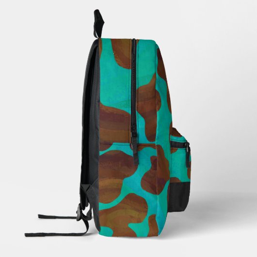 Bruin en Blauwgroen Koe Patroon Monogram Bedrukte Rugzak (Links)