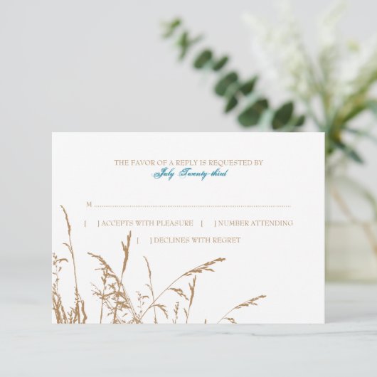 Bruin en Blauwgroen Zee Grass Beach Wedding rsvp (Staand voorkant)