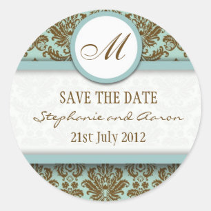 Bruin en Blue Damask Monogram Wedding Sticker