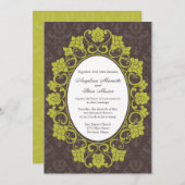 Bruin en Chartreuse Floral Damask bruiloft Kaart (Voorkant / Achterkant)