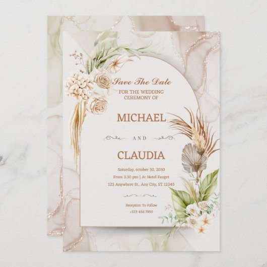 Bruin en crème bloem bruiloft uitnodiging (Voorkant / Achterkant)