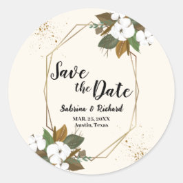 Bruin en crème bloemenbruiloft save the date ronde sticker