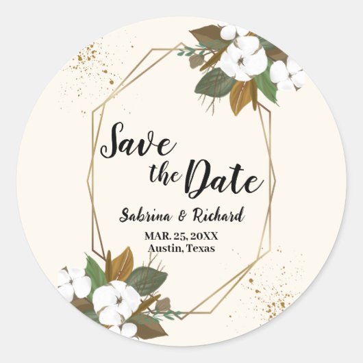 Bruin en crème bloemenbruiloft save the date ronde sticker (Voorkant)