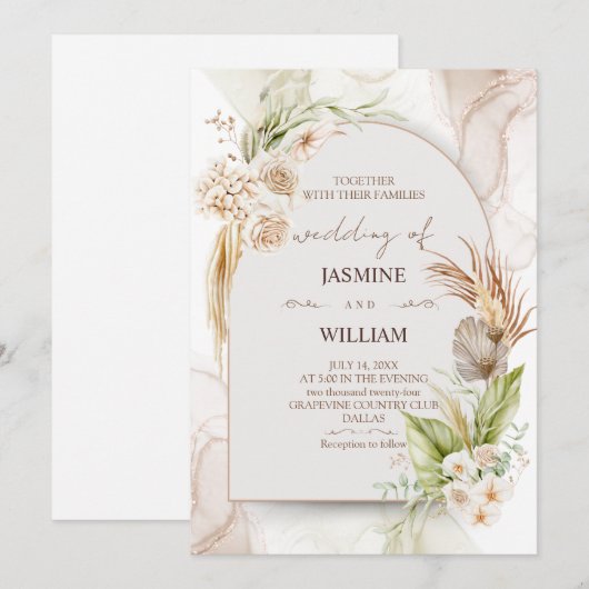 Bruin en crème Floral bruiloft uitnodiging (Voorkant / Achterkant)