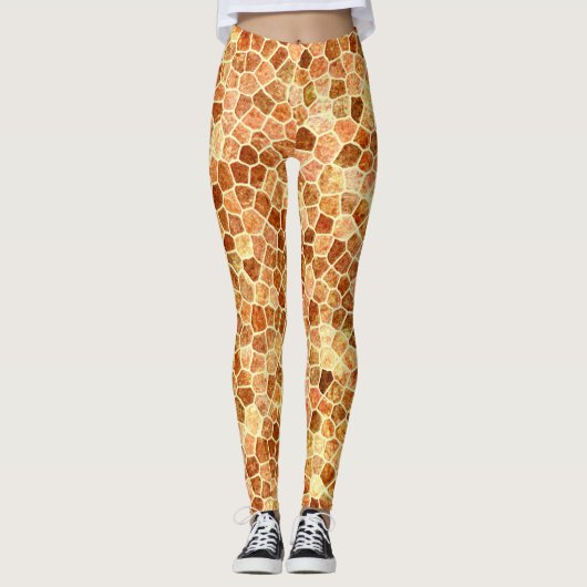 Bruin en crème met gebloed patchwork Terrazo Patte Leggings (Voorkant)