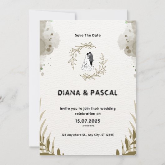 Bruin en Crème Waterverf bruiloft uitnodiging (Voorkant)