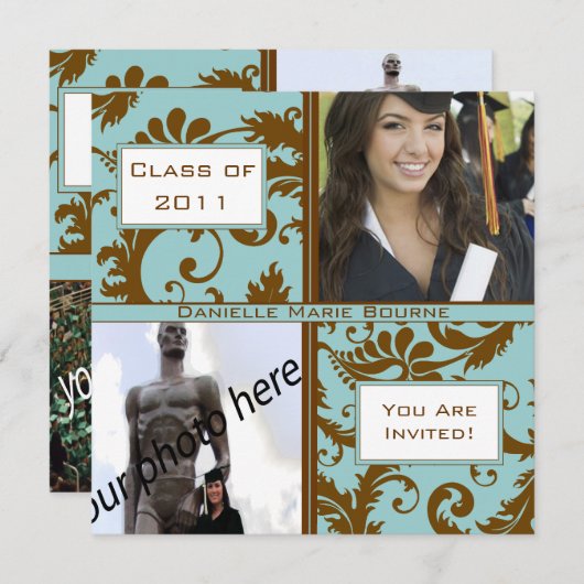 Bruin en Damascus Aqua Blue Afstuderen Kaart (Voorkant / Achterkant)