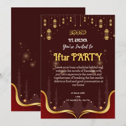 Bruin en Geel Islamitische Iftar Party Uitnodiging (Voorkant / Achterkant)