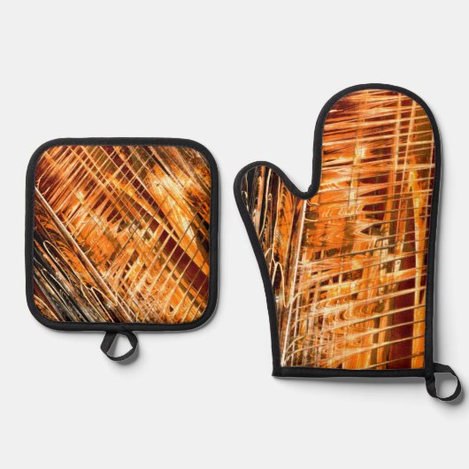 Bruin en geel met Oranje Random Line en Shape Ovenwant & Pannenlap Set (Voorkant)