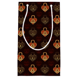 Bruin en Golden Locked Hearts Patterned Gift Bag Klein Cadeauzakje