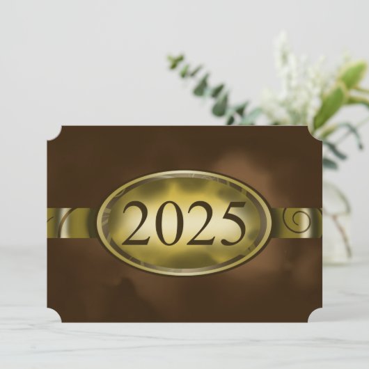 Bruin en Goud Bloemen Button 2025 Afstudeerfeest Kaart (Staand voorkant)