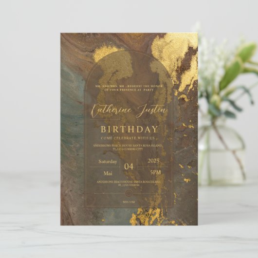 Bruin en goud elegant luxe chic marmeren feest kaart (Staand voorkant)