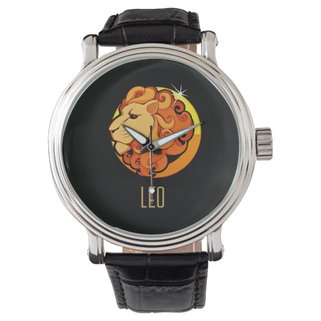 Bruin en goud Leo sterrenbeeld zwart Horloge (Voorkant)