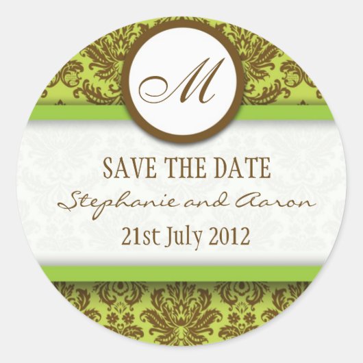 Bruin en Green Damask Monogram Wedding Sticker (Voorkant)