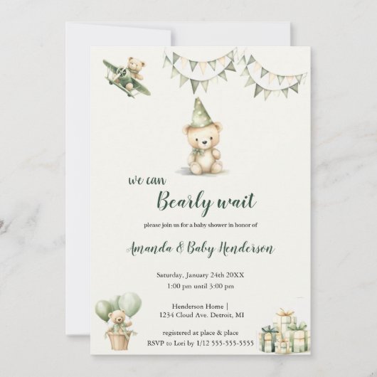 Bruin en groen beer babyshower uitnodiging (Voorkant)