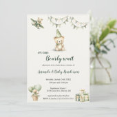 Bruin en groen beer babyshower uitnodiging (Staand voorkant)