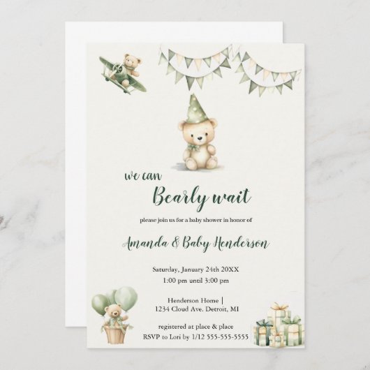 Bruin en groen beer babyshower uitnodiging (Voorkant / Achterkant)