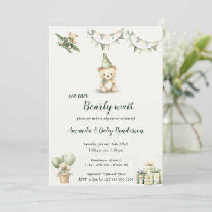 Bruin en groen beer babyshower uitnodiging