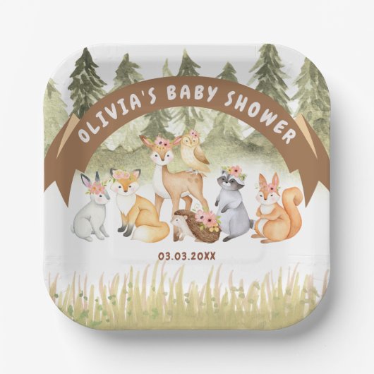 Bruin en groen bosdieren Baby shower Papieren Bordje (Voorkant)