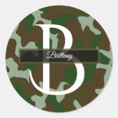 Bruin en Groen Camouflage Monogram Ronde Sticker (Voorkant)