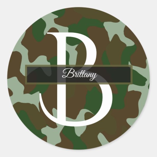 Bruin en Groen Camouflage Monogram Ronde Sticker (Voorkant)