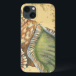 Bruin en groen Seashell Case-Mate iPhone Case<br><div class="desc">Als je vandaag niet op het strand kunt komen, krijg je vandaag dit klassieke afbeelding van deze unieke groene en bruine zeeslag! Deze zeep langs de oceaan is omringd door warm zand in dit schilderij en zou geweldig zijn op alle nautische producten.</div>