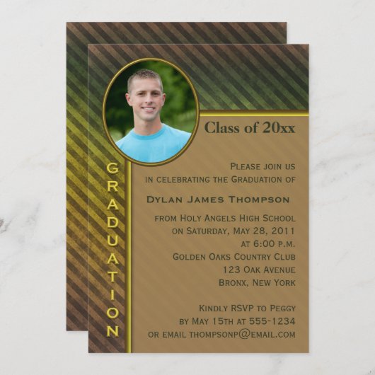 Bruin en Groen Stripe Foto Afstuderen Uitnodiging (Voorkant / Achterkant)