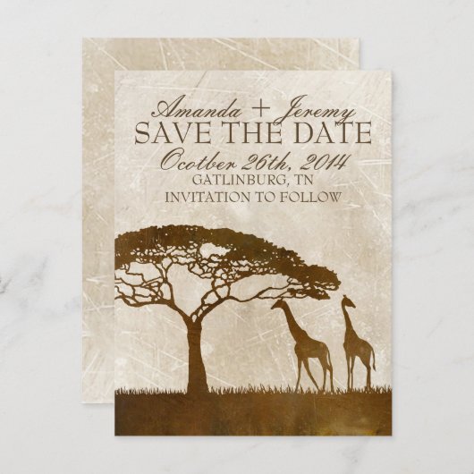 Bruin en Ivoor Afrikaans Giraffe Save The Date Aankondigingskaart (Voorkant / Achterkant)