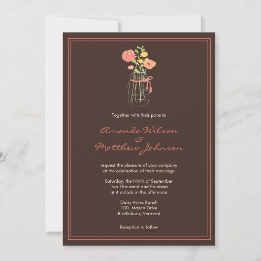 Bruin en koraal Mason Jar Wedding Invitations Kaart (Voorkant)