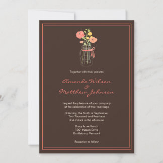 Bruin en koraal Mason Jar Wedding Invitations Kaart