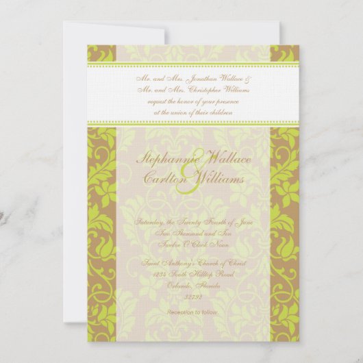 Bruin en Lime Green Damask Wedding Invitation Kaart (Voorkant)