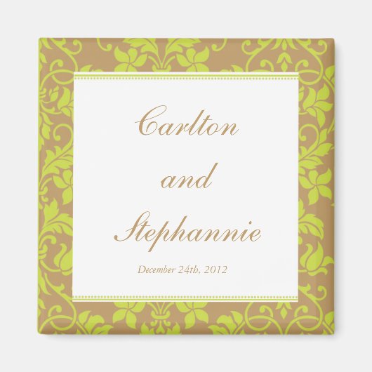 Bruin en Lime Green Damask Wedding Magnet Favor (Voorkant)