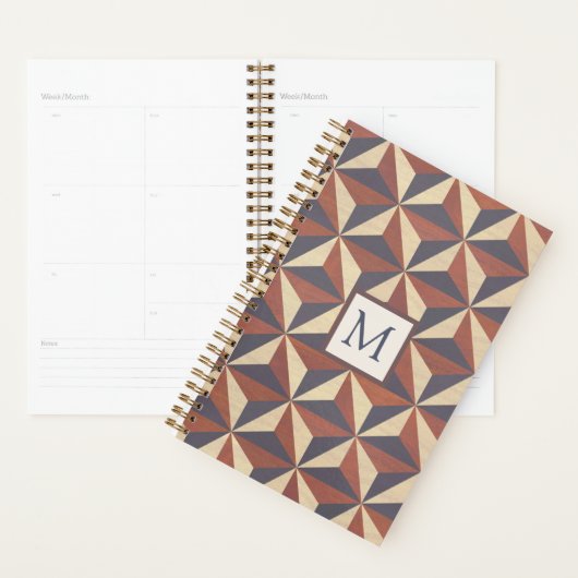 Bruin en marineblauw stijlvol geometrisch monogram planner (Display)