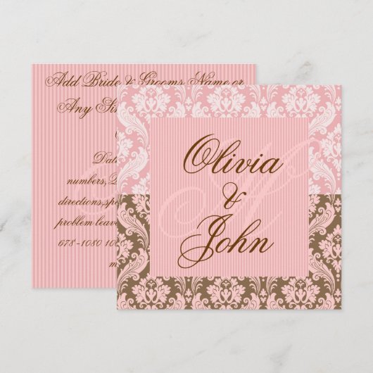 Bruin en PINK DAMASK Elegant Wedding Invitation Kaart (Voorkant / Achterkant)