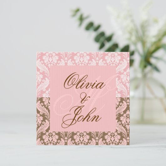 Bruin en PINK DAMASK Elegant Wedding Invitation Kaart (Staand voorkant)