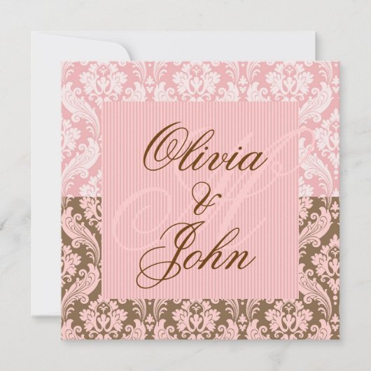 Bruin en PINK DAMASK Elegant Wedding Invitation Kaart (Voorkant)