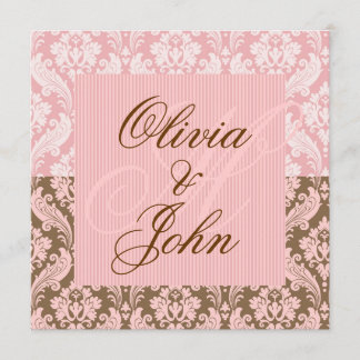 Bruin en PINK DAMASK Elegant Wedding Invitation Kaart