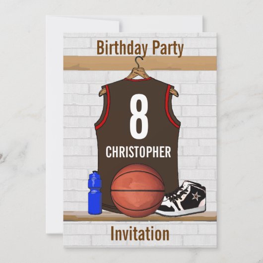 Bruin- en Rode Basketball Jersey Birthday Party Kaart (Voorkant)